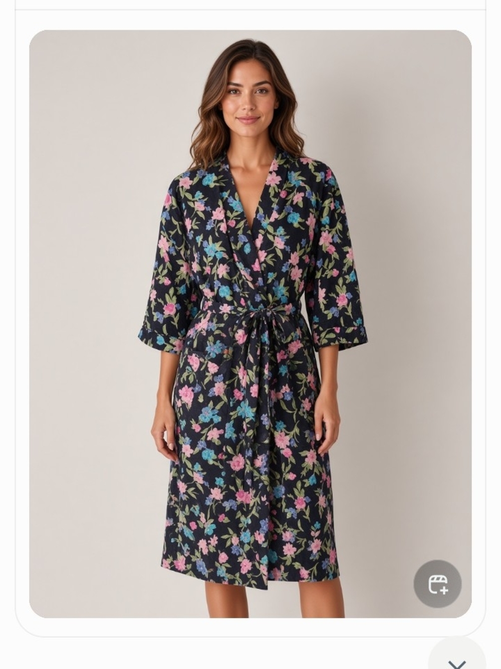 Erika Taylor Floral Tie-Waist Robe in Black with Pink & Blue Flowers. Medium